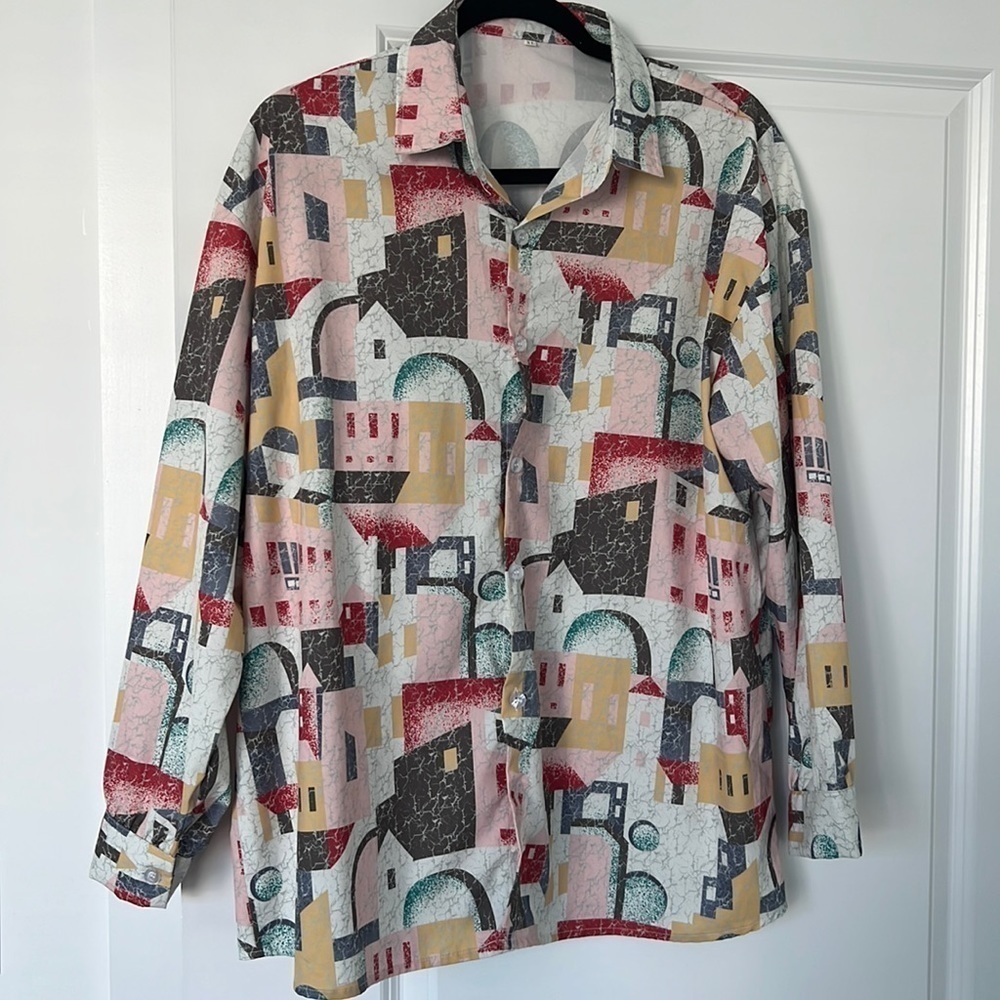 Colorful pixel painting long sleeve button down blouse